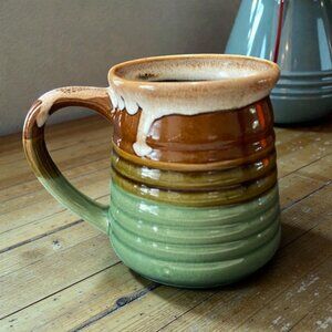 Vintage Stoneware Drip Glaze Brown Green Mug 1970s TAIWAN